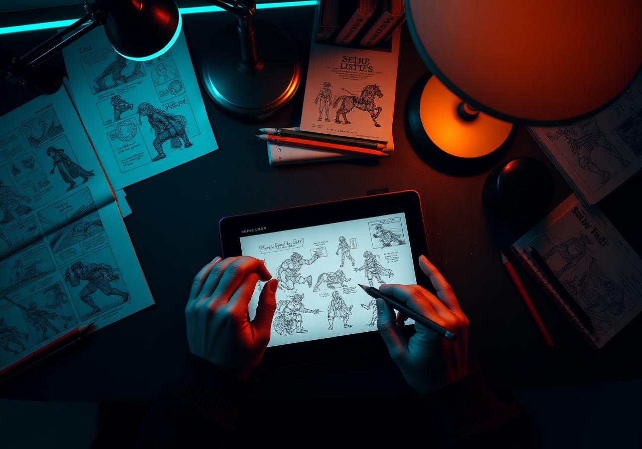 Hände beim Skizzieren eines Spielcharakters auf einem Tablet